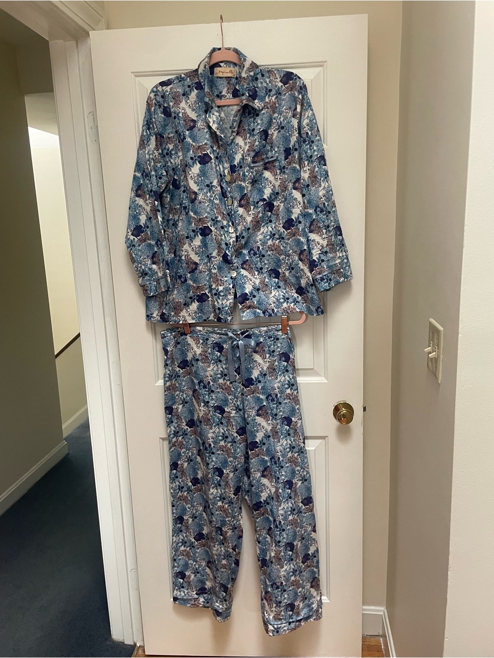 Women's Blue Floral Button-Front Cotton Pajama Set with Tie-Waist Pants